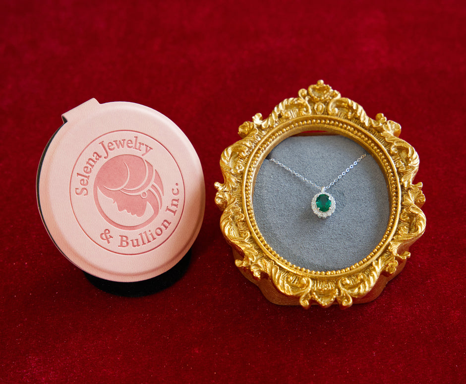 Selena Jewelry Bullion - Compiegne 1.5ct Lab Grown Emerald Oval Soft Floral Halo Pendant Necklace
