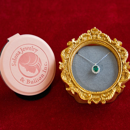 Selena Jewelry Bullion - Compiegne 1.5ct Lab Grown Emerald Oval Soft Floral Halo Pendant Necklace