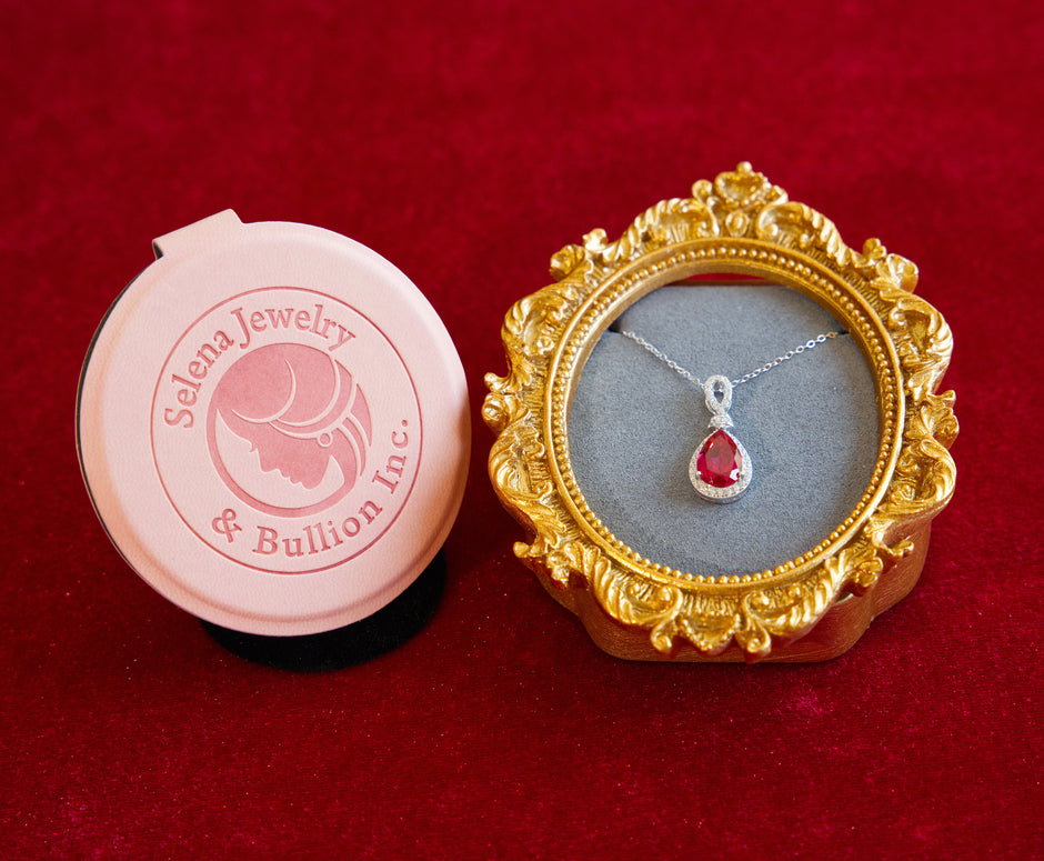 Selena Jewelry Bullion - Chambord 3.42ct Lab Grown Ruby Pear Double Halo Pendant Necklace