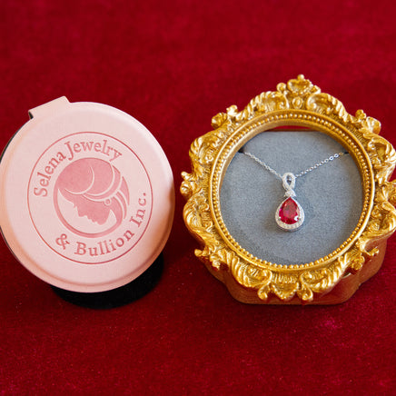 Selena Jewelry Bullion - Chambord 3.42ct Lab Grown Ruby Pear Double Halo Pendant Necklace
