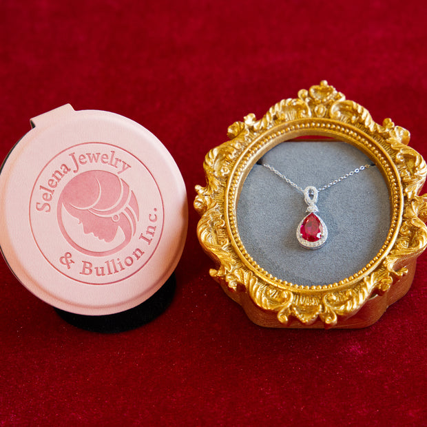 Selena Jewelry Bullion - Chambord 3.42ct Lab Grown Ruby Pear Double Halo Pendant Necklace