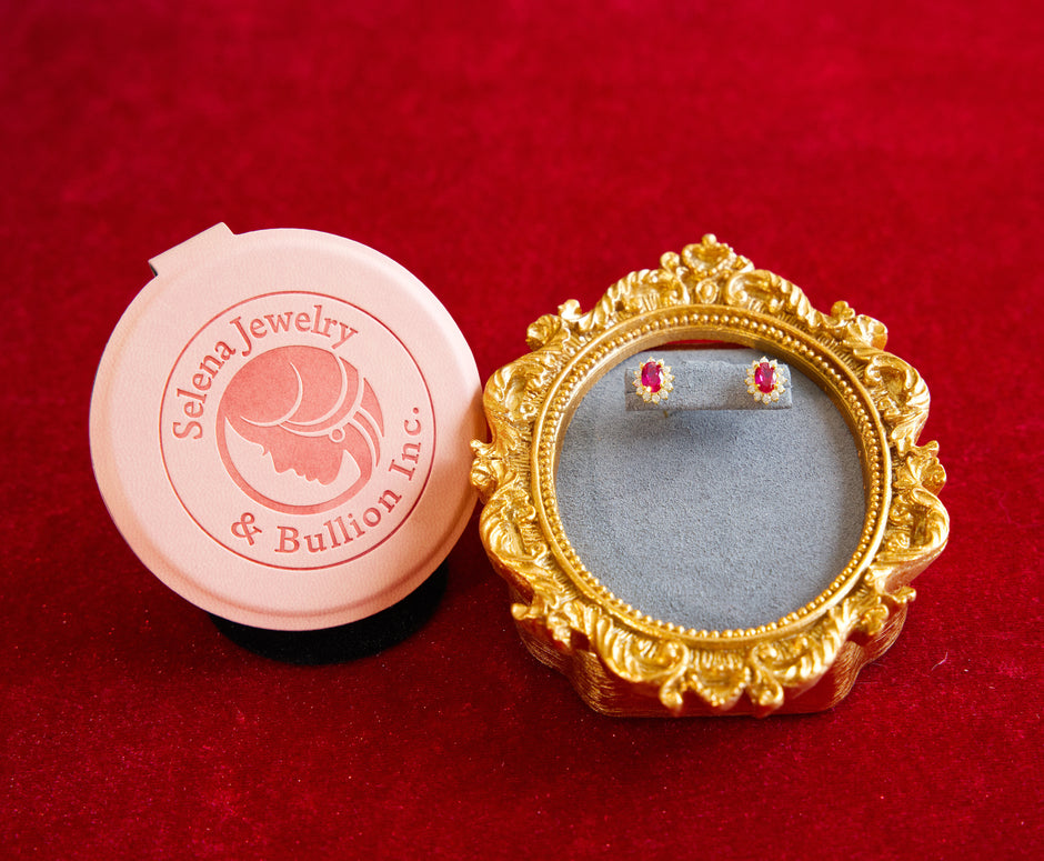 Selena Jewelry Bullion - Fontainebleau Rosy Ruby Tone Royal Halo Stud Earrings