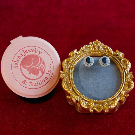 Selena Jewelry Bullion - Versailles 1.5ct Per Stone Total 3cts Pair Lab Grown Royal Blue Sapphire Oval Halo Stud Earrings