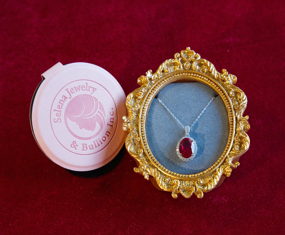 Selena Jewelry Bullion - Chambord 8 Carats Lab Grown Ruby Oval Milgrain Halo Pendant Necklace