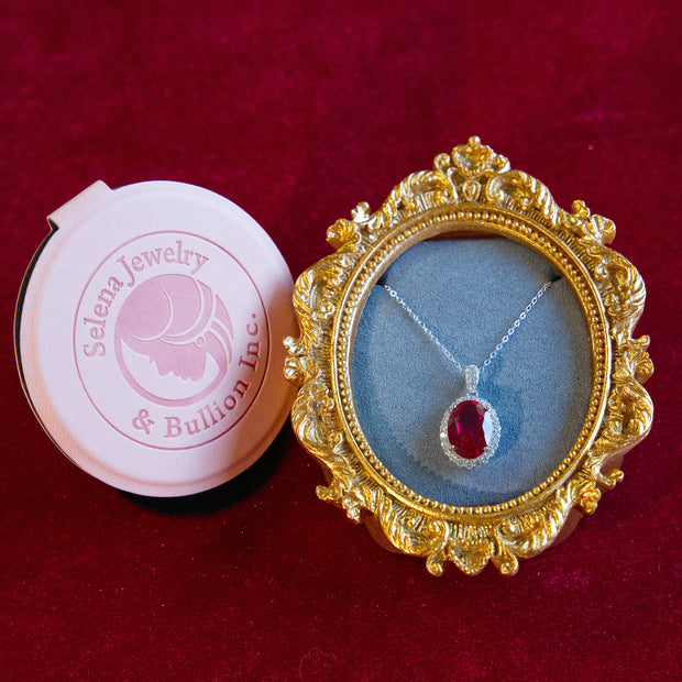 Selena Jewelry Bullion - Chambord 8 Carats Lab Grown Ruby Oval Milgrain Halo Pendant Necklace