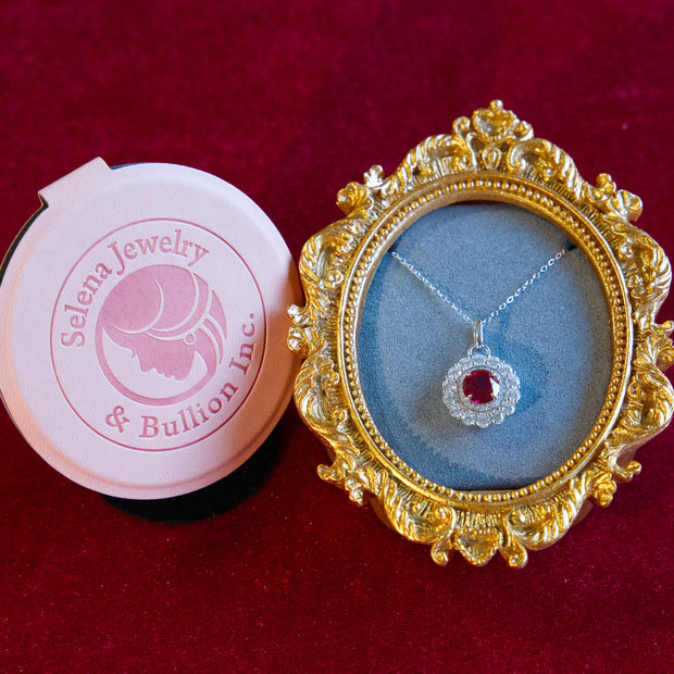 Selena Jewelry Bullion - Compiegne 2 Carats Lab Grown Ruby Round Floral Halo Pendant Necklace