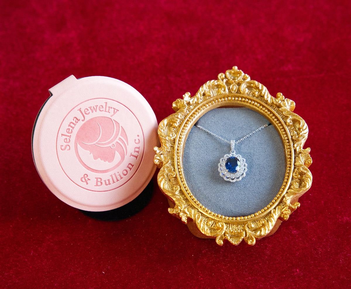 Selena Jewelry Bullion - Compiegne 2 Carats Lab Grown Royal Blue Sapphire Oval Floral Halo Pendant Necklace