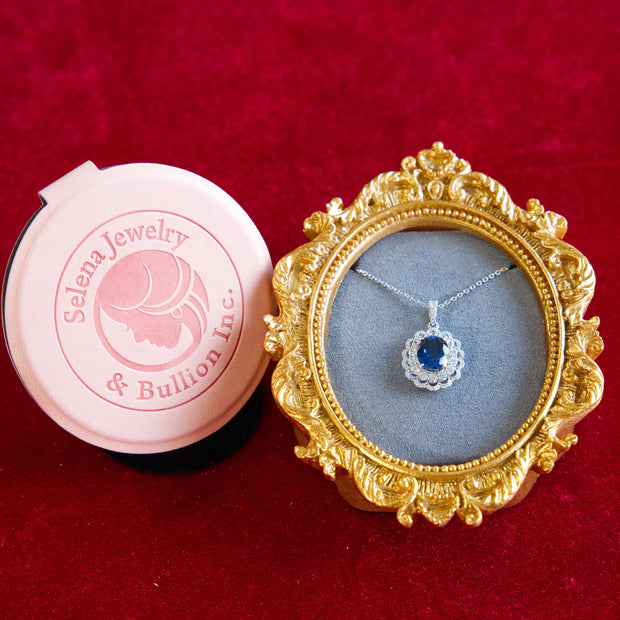 Selena Jewelry Bullion - Compiegne 2 Carats Lab Grown Royal Blue Sapphire Oval Floral Halo Pendant Necklace