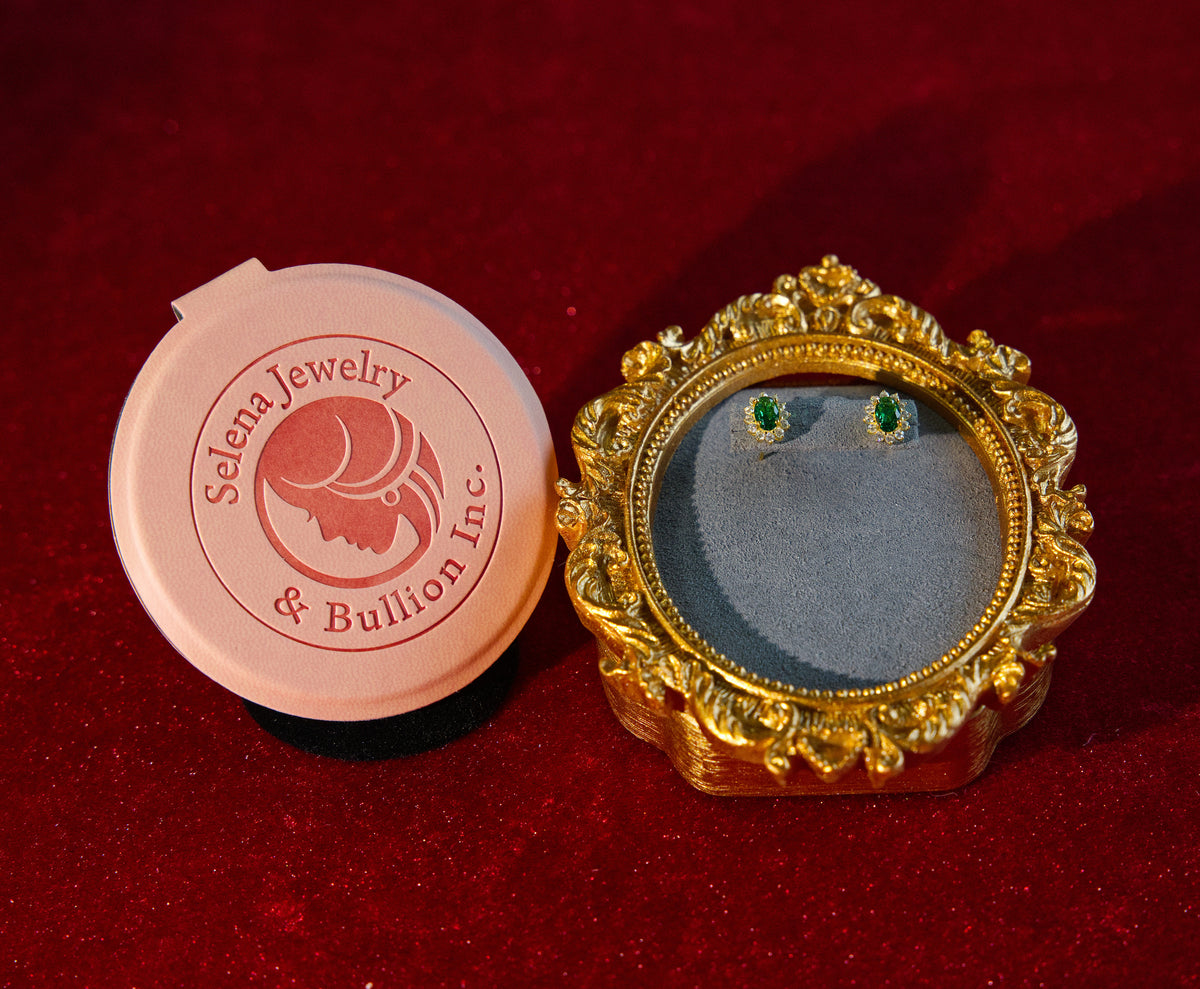 Selena Jewelry Bullion - Fontainebleau Emerald Tone Oval Royal Halo Stud Earrings