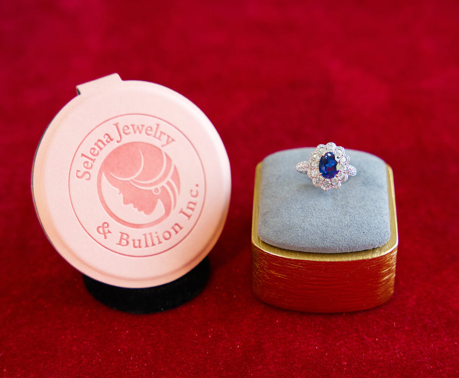 Selena Jewelry Bullion - Compiegne 2 carats Lab Grown Royal Blue Sapphire Double Halo Ring
