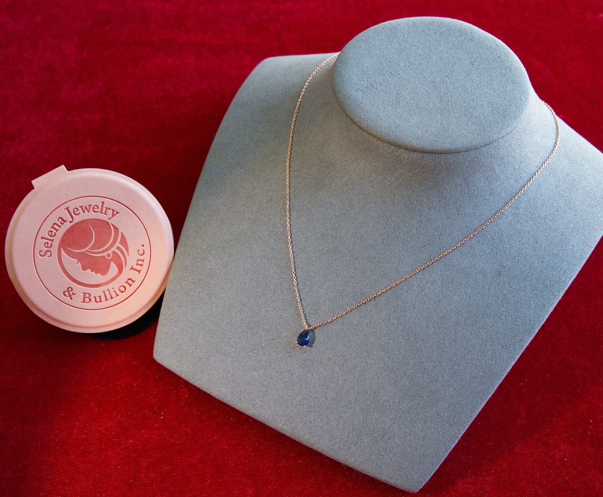Selena Jewelry Bullion - Linderhof Sapphire Tone Mini Teardrop Pendant Necklace