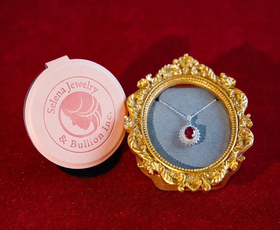 Selena Jewelry Bullion - Fontainebleau 2cts Lab Grown Ruby Oval Sunburst Halo Pendant Necklace