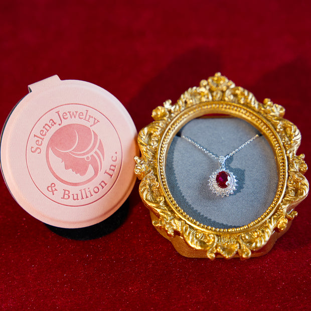 Selena Jewelry Bullion - Fontainebleau 2cts Lab Grown Ruby Oval Sunburst Halo Pendant Necklace