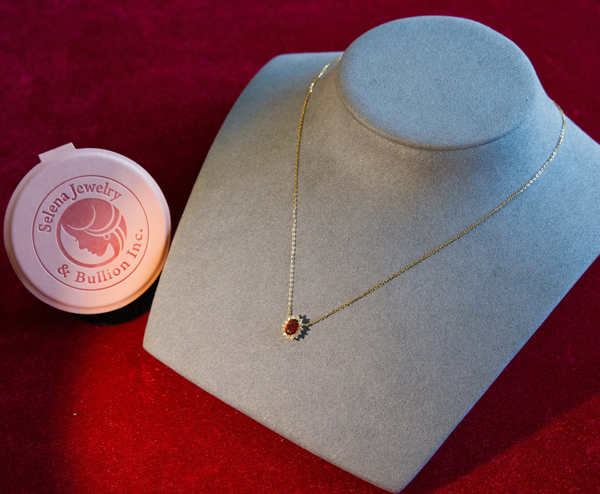 Selena Jewelry Bullion - Fontainebleau Ruby Tone Vintage Halo Oval Pendant Necklace