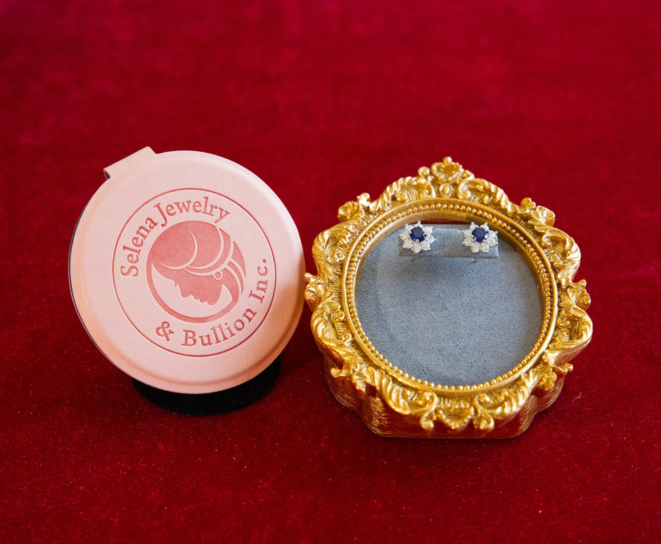 Selena Jewelry Bullion - Fontainebleau 1ct Per Stone Total 2cts Pair Lab Grown Royal Blue Sapphire Round Floral 8 Diamonds Halo Stud Earrings