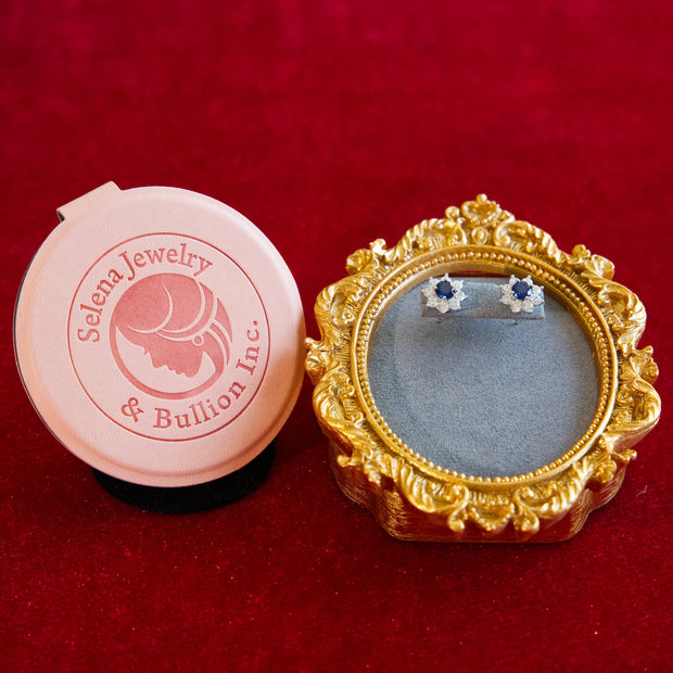 Selena Jewelry Bullion - Fontainebleau 1ct Per Stone Total 2cts Pair Lab Grown Royal Blue Sapphire Round Floral 8 Diamonds Halo Stud Earrings