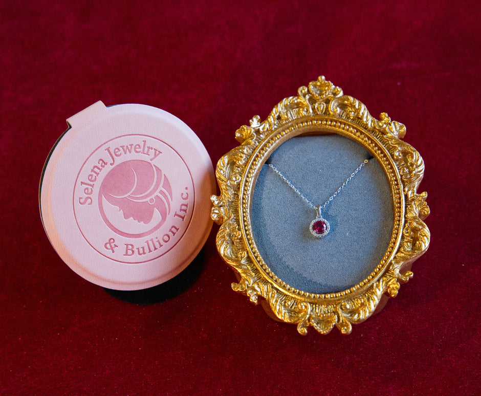 Selena Jewelry Bullion - Chambord 1.5 Carats Lab Grown Ruby Round Milgrain Halo Pendant Necklace