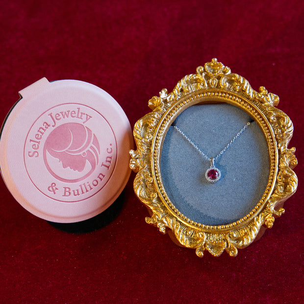 Selena Jewelry Bullion - Chambord 1.5 Carats Lab Grown Ruby Round Milgrain Halo Pendant Necklace