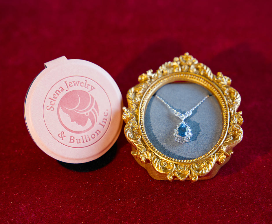 Selena Jewelry Bullion - Fontainebleau 3cts Lab Grown London Blue Spinel Pear Floral Halo Pendant Necklace