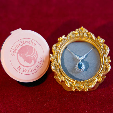 Selena Jewelry Bullion - Fontainebleau 3cts Lab Grown London Blue Spinel Pear Floral Halo Pendant Necklace