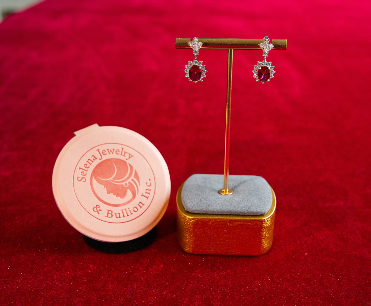 Selena Jewelry Bullion - Fontainebleau 2cts Lab Grown Ruby Oval Sunburst Halo Drop Earrings