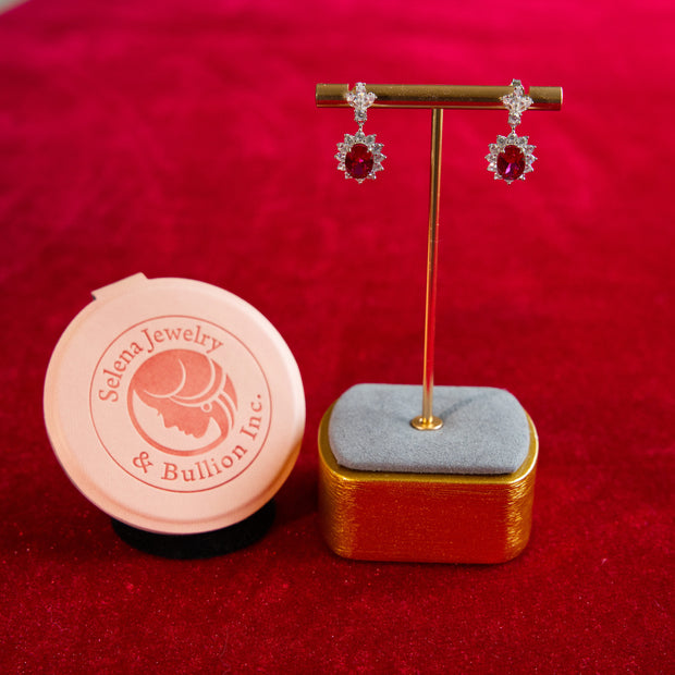 Selena Jewelry Bullion - Fontainebleau 2cts Lab Grown Ruby Oval Sunburst Halo Drop Earrings