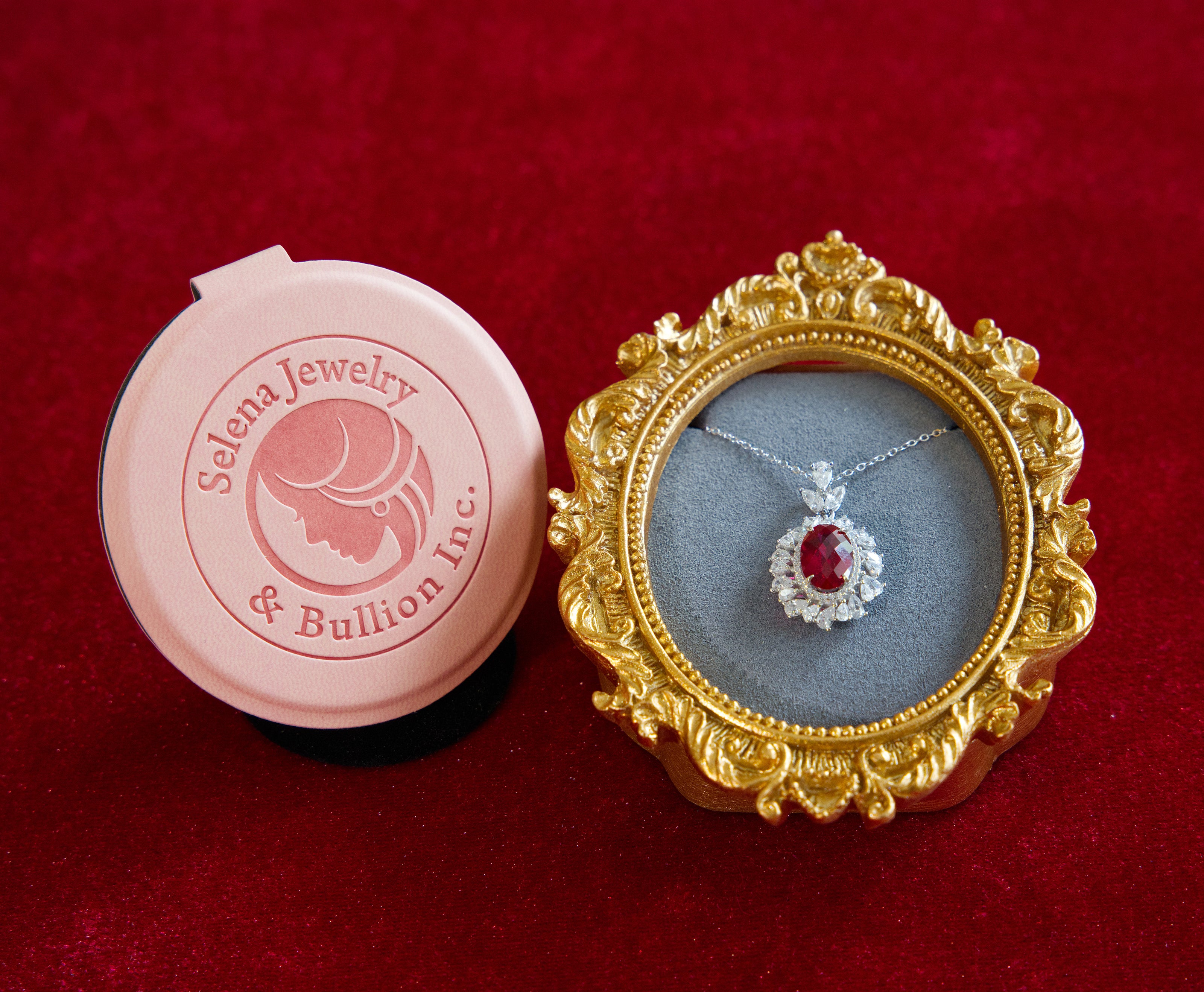 Selena Jewelry Bullion - Neuschwanstein 4cts Lab Grown Ruby Oval Kite-Cut Halo Pendant Necklace