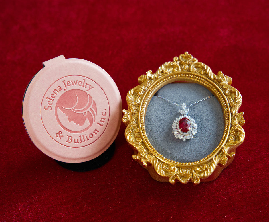 Selena Jewelry Bullion - Neuschwanstein 4cts Lab Grown Ruby Oval Kite-Cut Halo Pendant Necklace
