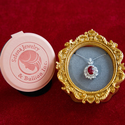 Selena Jewelry Bullion - Neuschwanstein 4cts Lab Grown Ruby Oval Kite-Cut Halo Pendant Necklace