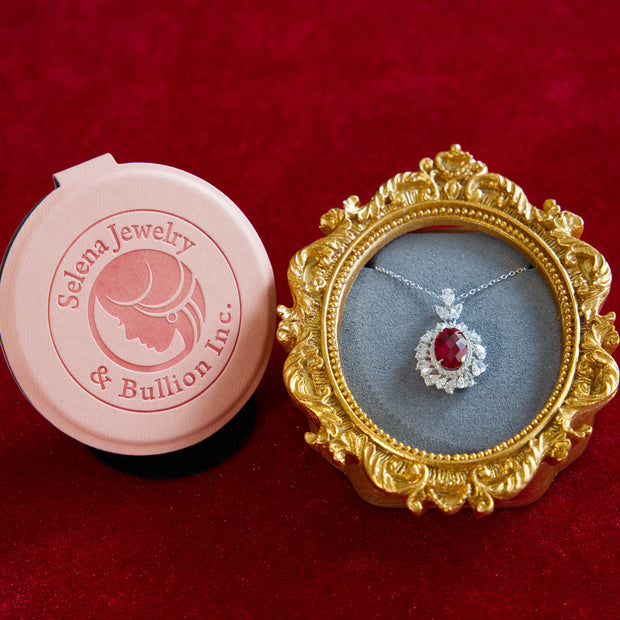 Selena Jewelry Bullion - Neuschwanstein 4cts Lab Grown Ruby Oval Kite-Cut Halo Pendant Necklace