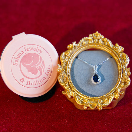 Selena Jewelry Bullion - Chambord 3.5cts Lab Grown Royal Blue Sapphire Pear Soft Floral Halo Pendant Necklace
