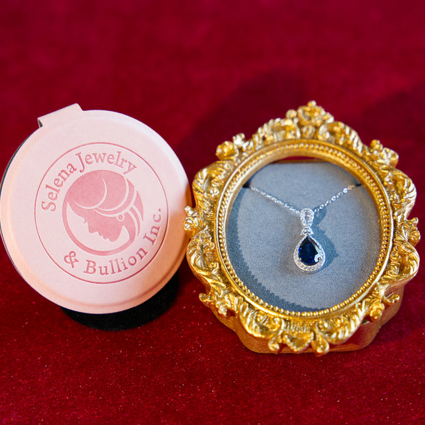 Selena Jewelry Bullion - Chambord 3.5cts Lab Grown Royal Blue Sapphire Pear Soft Floral Halo Pendant Necklace