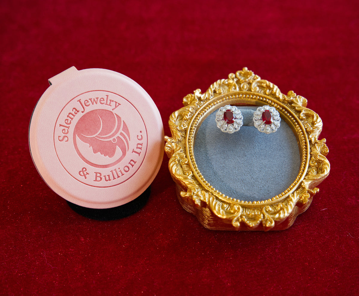 Hofburg 1.5ct Per Stone Total 3ct Pair Lab Grown Ruby Oval Floral Halo Stud Earrings
