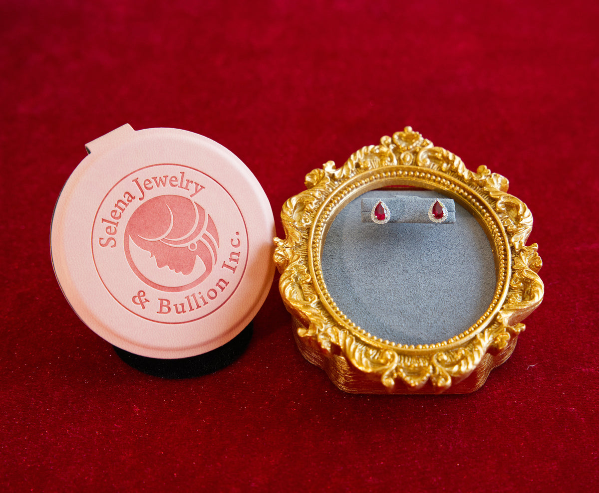 Selena Jewelry Bullion - Chambord 1ct Per Stone Total 2cts Lab Grown Ruby Pear Halo Stud Earrings