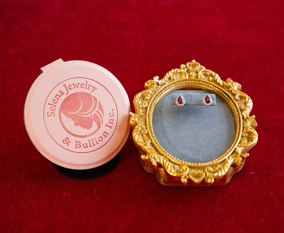 Selena Jewelry Bullion - Chambord 1ct Per Stone Total 2cts Lab Grown Ruby Pear Halo Stud Earrings