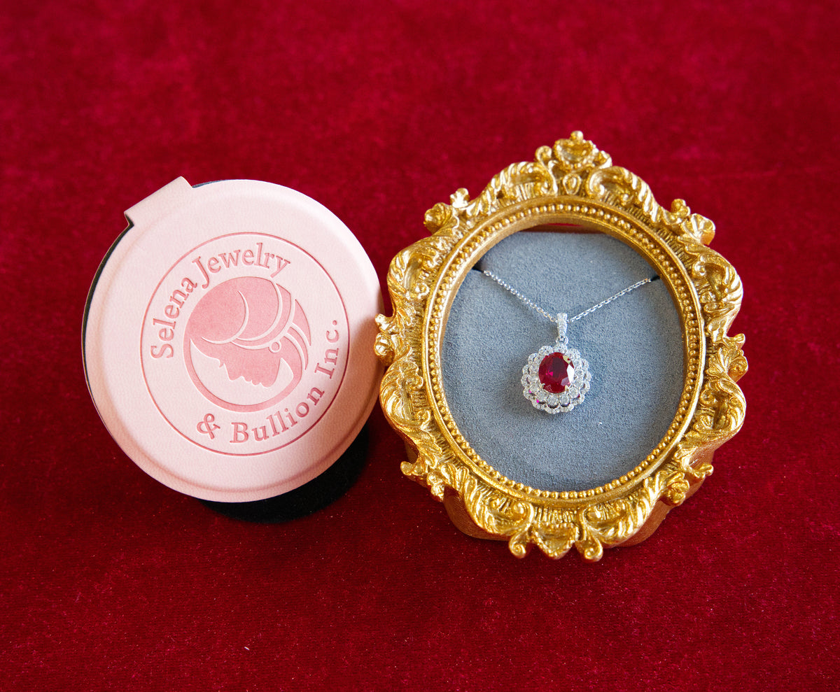 Selena Jewelry Bullion - Compiegne 2 Carats Lab Grown Ruby Oval Floral Halo Pendant Necklace