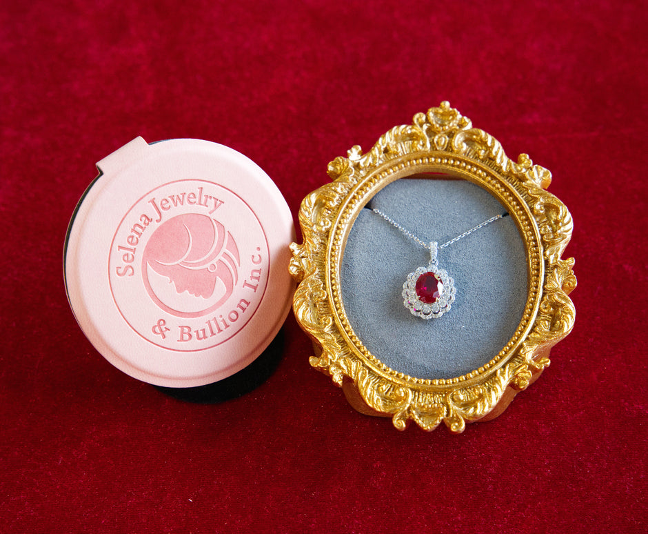 Selena Jewelry Bullion - Compiegne 2 Carats Lab Grown Ruby Oval Floral Halo Pendant Necklace
