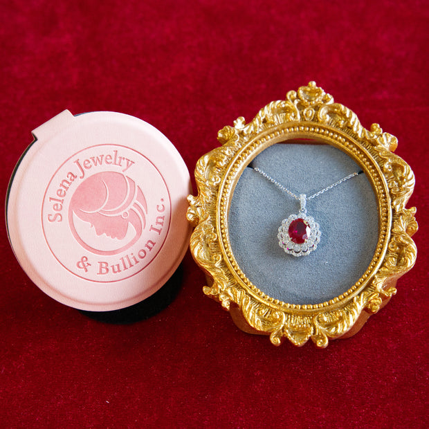 Selena Jewelry Bullion - Compiegne 2 Carats Lab Grown Ruby Oval Floral Halo Pendant Necklace