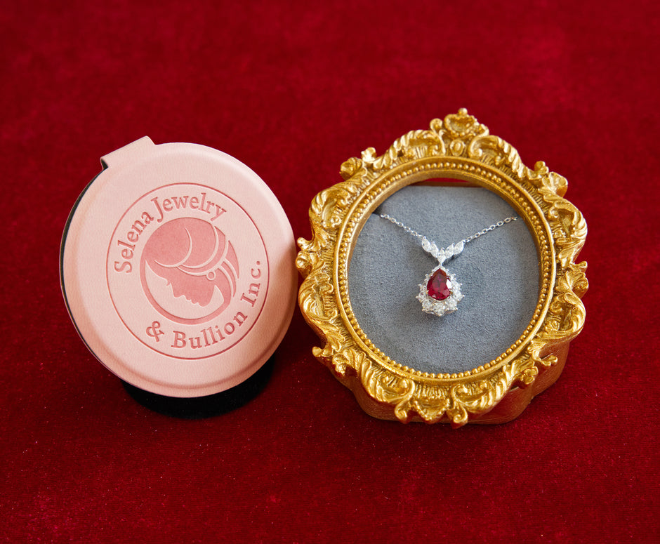 Selena Jewelry Bullion - Fontainebleau 3cts Lab Grown Ruby Pear Sunburst Halo Pendant Necklace