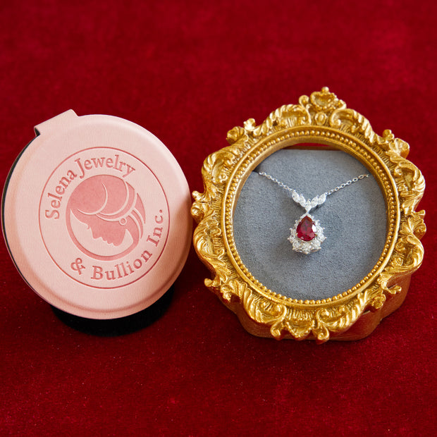 Selena Jewelry Bullion - Fontainebleau 3cts Lab Grown Ruby Pear Sunburst Halo Pendant Necklace