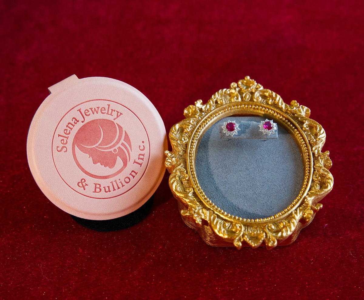 Selena Jewelry Bullion - Fontainebleau 1ct Per Stone Total 2ct Pair Lab Grown Ruby Round Floral 10 Diamonds Halo Stud Earrings