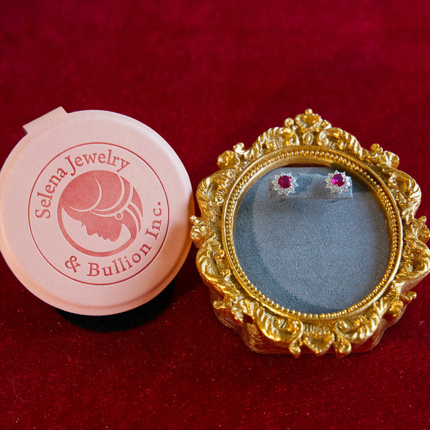 Selena Jewelry Bullion - Fontainebleau 1ct Per Stone Total 2ct Pair Lab Grown Ruby Round Floral 10 Diamonds Halo Stud Earrings