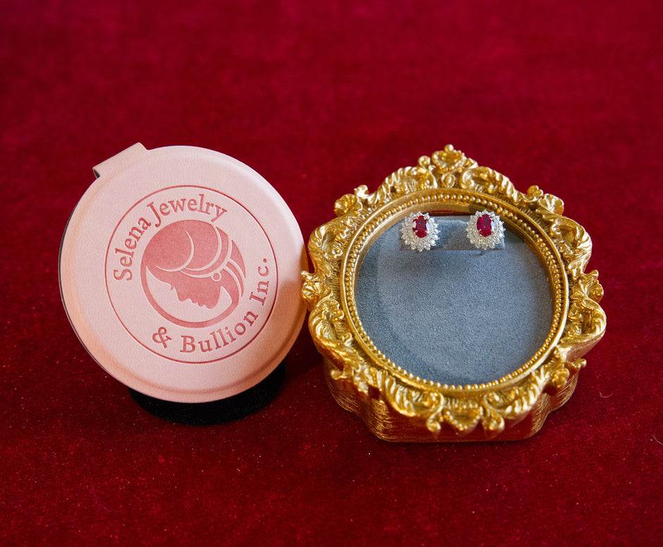 Selena Jewelry Bullion - Fontainebleau 1.2ct Per Stone Total 2.4cts Pair Lab Grown Ruby Oval Floral Halo Stud Earrings