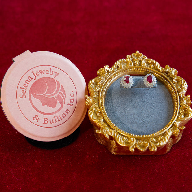 Selena Jewelry Bullion - Fontainebleau 1.2ct Per Stone Total 2.4cts Pair Lab Grown Ruby Oval Floral Halo Stud Earrings