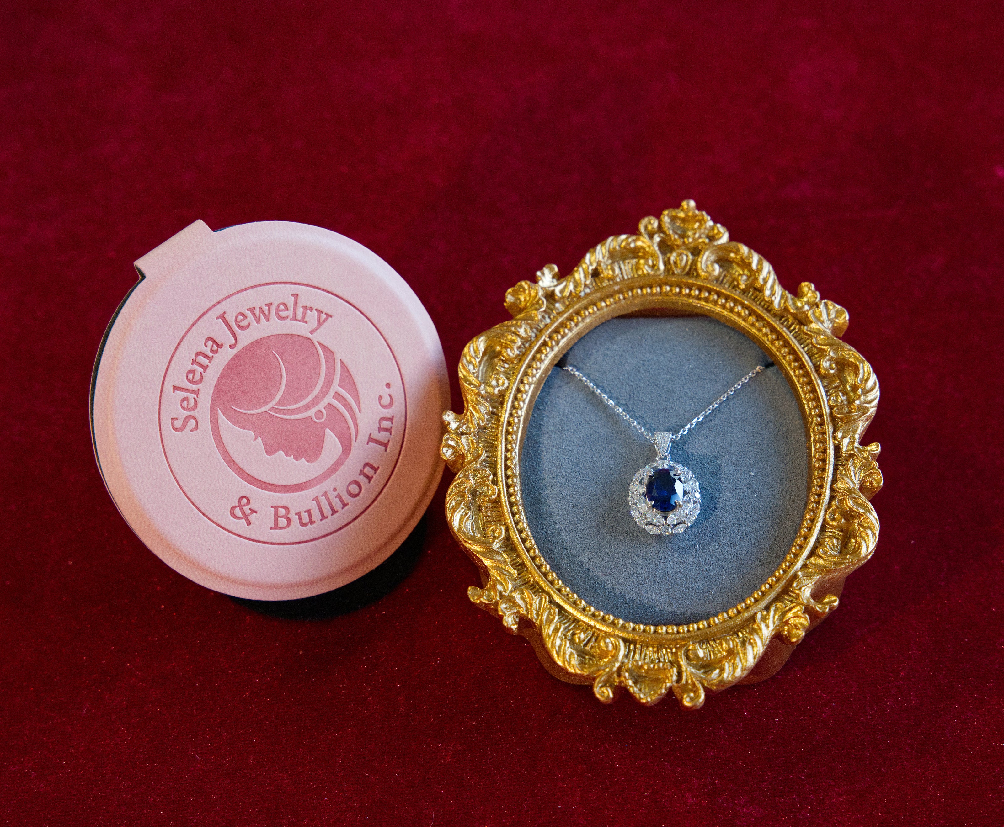 Selena Jewelry Bullion - Marly 2 Carats Lab Grown Royal Blue Sapphire Wheat Halo Pendant Necklace