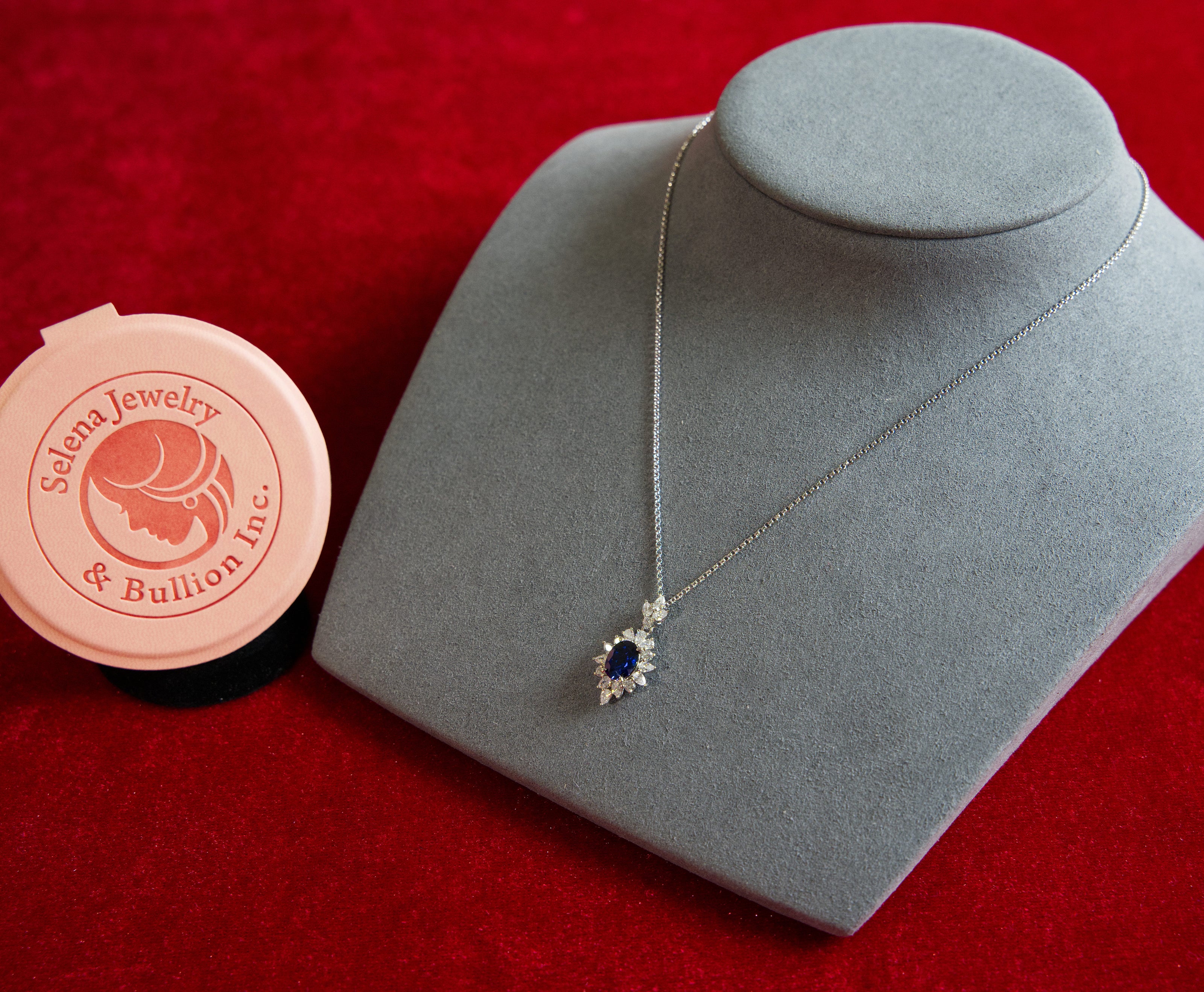Selena Jewelry Bullion - Fontainebleau 2 carats Lab Grown Royal Blue Sapphire Oval Sunburst Halo Pendant Necklace