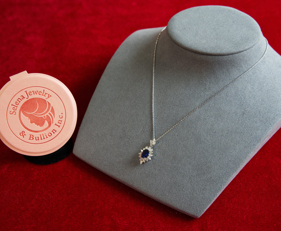 Selena Jewelry Bullion - Fontainebleau 2 carats Lab Grown Royal Blue Sapphire Oval Sunburst Halo Pendant Necklace