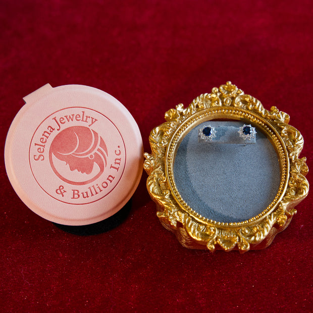 Selena Jewelry Bullion - Fontainebleau 1ct Per Stone Total 2cts Pair Lab Grown Royal Blue Sapphire Round Floral 10 Diamonds Halo Stud Earrings