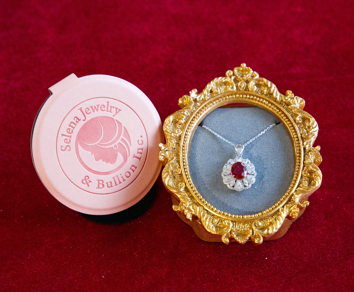 Selena Jewelry Bullion - Hofburg 3 Carats Lab Grown Ruby Oval Floral Halo Pendant Necklace