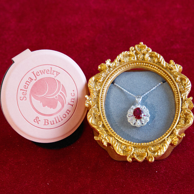 Selena Jewelry Bullion - Hofburg 3 Carats Lab Grown Ruby Oval Floral Halo Pendant Necklace